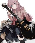  1girl absurdres black_socks blue_eyes bocchi_the_rock! cowlick expressionless feet_out_of_frame gotoh_hitori guitar hair_between_eyes hair_over_one_eye highres holding holding_guitar holding_instrument ichizokuro10 instrument jacket kneehighs long_hair long_sleeves looking_to_the_side parted_lips pink_hair pink_track_suit pleated_skirt shadow simple_background sitting skirt socks solo very_long_hair white_background wire 