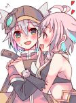  2girls 69871 absurdres blue_eyes blush hand_on_another&#039;s_face heart highres hug multiple_girls open_mouth pink_eyes pink_hair pratty short_hair smile sugarette summon_night summon_night_swordcraft_story two_side_up white_background white_hair yuri 