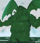  2023 absurd_res anthro areola belly biped cthulhu cthulhu_mythos digital_media_(artwork) featureless_crotch glistening glistening_body glistening_skin green_body green_skin h.p._lovecraft hi_res kogito male membrane_(anatomy) membranous_wings monster navel nipples nude partially_submerged solo standing tentacles water wet wings 