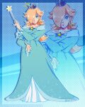  1girl artist_name blonde_hair blue_background blue_dress blue_eyes brooch collarbone crown dress earrings hair_over_one_eye highres icy41777 jewelry long_dress long_hair long_sleeves mario_(series) off-shoulder_dress off_shoulder parted_lips rosalina solo star_(symbol) star_brooch star_earrings star_wand twitter_username 