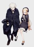  1boy 1girl abigail_williams_(fate) ascot black_ascot blonde_hair blue_eyes bow coffee cup edmond_dantes_(fate) fate/grand_order fate_(series) food grey_background hat hat_removed headwear_removed highres hot_chocolate marshmallow orange_bow shoes sitting sleeves_past_fingers sleeves_past_wrists stuffed_animal stuffed_toy sumi_(gfgf_045) teddy_bear tongue tongue_out white_hair yellow_eyes 
