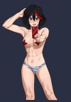  1girl abs arm_up black_hair blue_eyes breasts cellphone highres holding holding_phone hong_doo kill_la_kill matoi_ryuuko medium_breasts multicolored_hair muscular muscular_female navel open_mouth outstretched_arm panties phone red_hair red_pasties selfie short_hair smartphone solo streaked_hair striped striped_panties taking_picture underwear 