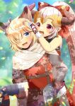 1boy 1girl :d aliza_(granblue_fantasy) animal_ear_fluff animal_ears bare_shoulders black_thighhighs blonde_hair blue_eyes blurry blurry_background blush bow brown_gloves brown_hair brown_pants carrying commentary_request day depth_of_field draph erune feet_out_of_frame gloves granblue_fantasy hair_bow hair_over_one_eye hand_on_another&#039;s_ear hand_on_another&#039;s_head horns kou_hiyoyo long_hair long_sleeves outdoors pants piggyback ponytail red_bow red_eyes red_shirt shirt smile stan_(granblue_fantasy) sweat thighhighs very_long_hair 