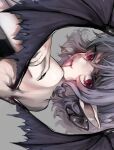  1girl bat_wings blood exif_rotation fang from_behind grey_background grey_hair hair_between_eyes highres looking_at_viewer looking_back messy_hair miyako_yamamoto remilia_scarlet short_hair simple_background skin_fang solo touhou wings 