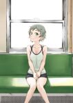  1girl bangs bare_shoulders bench black_shorts blush bracelet breasts camisole cleavage closed_mouth collarbone commentary easy_(aqk7bdqt) feet_out_of_frame green_camisole green_eyes grey_hair jewelry knees_together_feet_apart light_blush looking_at_viewer medium_breasts messy_hair monogatari_(series) oikura_sodachi on_bench own_hands_together short_hair short_shorts shorts sitting sleeveless smile solo train_interior v_arms very_short_hair window zoku_owarimonogatari 