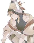  1boy bare_shoulders blonde_hair brown_pants clothing_request covered_collarbone hair_between_eyes highres lavabun link long_sleeves male_focus official_alternate_costume pants short_hair sidelocks simple_background solo the_legend_of_zelda the_legend_of_zelda:_breath_of_the_wild white_background 