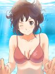  1girl air_bubble amagami bikini breasts brown_eyes brown_hair bubble closed_mouth collarbone front-tie_bikini_top front-tie_top highres holding_hands looking_at_viewer medium_breasts one_eye_closed pov pov_hands red_bikini sakurai_rihoko short_hair solo_focus swimsuit takenoko_saba_otto underwear upper_body v-shaped_eyebrows water 