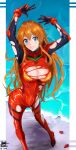  1girl absurdres blue_eyes bodysuit breasts brown_hair cleavage evangelion:_3.0+1.0_thrice_upon_a_time highres iknsk large_breasts long_hair looking_at_viewer neon_genesis_evangelion plugsuit rebuild_of_evangelion red_bodysuit skin_tight solo_focus souryuu_asuka_langley 