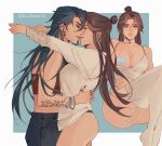  2girls absurdres arms_behind_back bbybluemochi blue_background blue_hair breasts brown_hair collar earrings genderswap genderswap_(mtf) hands_on_another&#039;s_hips highres hua_cheng imminent_kiss jewelry large_breasts multiple_girls pants thighhighs tianguan_cifu xie_lian yuri 