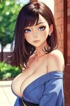  1girl bare_shoulders blue_eyes blue_kimono blurry blurry_background breasts brown_hair butterfly_earrings day earrings japanese_clothes jewelry kimono large_breasts lips long_hair looking_at_viewer nikichen obi off_shoulder original outdoors parted_bangs sash solo upper_body 