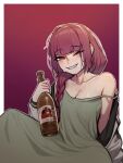  1girl bare_shoulders blunt_bangs bocchi_the_rock! bottle braid breasts cleavage dress green_dress grin hiroi_kikuri jacket jdw long_hair looking_at_viewer off_shoulder one_eye_closed purple_eyes purple_hair sake_bottle smile solo strap_slip 