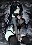  1girl aria_wintermint black_bra black_choker black_hair black_panties black_theme black_thighhighs blush bra breasts choker cleavage detached_sleeves gothic groin hair_over_one_eye halloween highres lace lace-trimmed_bra lace_choker lace_trim large_breasts long_hair midriff navel nervous nervous_sweating original panties parororo see-through see-through_cleavage see-through_gloves see-through_shirt see-through_sleeves shy sitting solo sweat sweatdrop thighhighs thighs underwear wings 