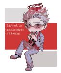  1boy akagi:_yami_ni_oritatta_tensai blazer chibi collared_shirt commentary_request full_body glasses grey_footwear grey_hair grey_jacket grey_pants hair_slicked_back highres hirayama_yukio jacket looking_at_viewer male_focus open_clothes open_jacket open_mouth over-rim_eyewear pants pink-tinted_eyewear red_eyes red_shirt semi-rimless_eyewear shirt shoes short_hair siralkali sitting solo striped striped_jacket striped_pants suit syringe tinted_eyewear translation_request vertical-striped_jacket vertical-striped_pants vertical_stripes 