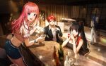  3girls absurdres bar_(place) black_hair blue_eyes blue_hair blue_shorts cang_yue_(tou_xing_jiuyue_tian) character_request coat couch cup drinking_glass earrings gleam highres hoop_earrings jewelry jiu_yue_(tou_xing_jiuyue_tian) long_hair multiple_girls ponytail pouring purple_hair qinglai_haiji red_hair short_hair shorts smile sparkle teeth tou_xing_jiuyue_tian upper_body upper_teeth_only waving white_coat wine_glass 