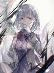  1girl dress feathered_wings grey_hair grey_jacket hair_between_eyes highres jacket kishin_sagume long_sleeves open_clothes open_jacket purple_dress red_eyes remyaruku65 short_hair simple_background single_wing solo touhou upper_body white_background white_wings wings 