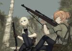  2girls absurdres blonde_hair blue_eyes bolt_action breasts brown_gloves brown_hair call_of_duty:_world_at_war day forest girls&#039;_frontline gloves green_eyes green_shirt gun hair_between_eyes hair_bun highres holding holding_gun holding_weapon large_breasts long_hair m1897_(girls&#039;_frontline) m1903_springfield macayase military military_uniform multiple_girls nature open_mouth outdoors palm_tree pump_action rifle scope shirt short_hair short_sleeves shotgun springfield_(girls&#039;_frontline) tree uniform weapon winchester_model_1897 