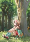  1girl absurdres brown_hair closed_mouth commentary_request day eyelashes flower forest from_side grass green_shirt hat highres keeno-ringo46 leaf_(pokemon) long_hair loose_socks nature outdoors pikachu pokemon pokemon_(creature) pokemon_(game) pokemon_frlg red_skirt shirt shoes sitting skirt sleeveless sleeveless_shirt socks squirtle strap tree white_footwear white_headwear 