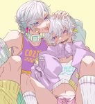  2boys brothers colored_inner_hair crop_top green_hair green_shorts highres jacket light_purple_hair male_focus medium_hair multicolored_hair multiple_boys paradox_live pink_shorts purple_background purple_eyes purple_jacket purple_tank_top shirota69 shirt short_hair shorts siblings socks tank_top twins white_shirt white_socks yatonokami_kanata yatonokami_nayuta yellow_background yellow_socks 