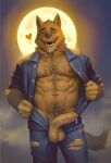  &lt;3 2023 abs after_transformation anthro balls beard bodily_fluids body_hair bottomwear brown_eyes canid canine chest_hair clothed clothing dripping erection eyebrows facial_hair foreskin full_moon fur genital_fluids genitals hairy hairy_balls happy_trail hi_res highpups jumpsuit looking_at_viewer male mammal manly mature_male moon multicolored_body multicolored_fur muscular mustache navel nipples open_bottomwear open_clothing open_mouth open_pants open_shirt open_topwear outside pants partially_clothed pecs penis precum precum_drip presenting pubes raised_eyebrow shirt smile solo standing topwear torn_clothing transformation two_tone_body two_tone_fur vein veiny_penis were werecanid werecanine werewolf 