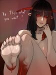  &lt;3 black_hair blood bloodless_(bloodstained) bloodstained:_ritual_of_the_night bodily_fluids braided_hair breasts dialogue feet female foot_focus hair hi_res horn horned_humanoid humanoid humanoid_pointy_ears looking_at_viewer multicolored_hair nude red_eyes red_hair red_horn scas solo talking_to_viewer tan_body tan_skin text thick_thighs two_tone_hair vampire wide_hips 