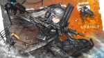  1girl black_bodysuit bodysuit breasts combat_knife cyborg dual_wielding gia grey_hair gun headgear highres holding holding_gun holding_weapon holster impossible_clothes knife long_hair mechanical_arms medium_breasts original red_eyes shell_casing solo symbol-shaped_pupils thigh_holster trigger_discipline weapon 
