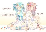  2girls alternate_costume back-to-back barefoot blue_ribbon blunt_bangs blush braid chipochopo324 closed_eyes closed_mouth collared_dress commentary crown_braid dated dress flower flower_request flower_wreath gradient_background hair_flower hair_ornament hair_ribbon hand_on_another&#039;s_hand happy_birthday head_wreath kotonoha_akane kotonoha_aoi leg_ribbon long_hair low_tied_sidelocks multiple_girls neck_flower neck_ribbon petals red_ribbon ribbon siblings sidelocks sisters sitting smile striped striped_ribbon voiceroid white_background white_dress white_flower yellow_background yellow_flower 