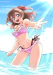  1girl bikini blue_sky boh_stick breasts brown_hair cloud cloudy_sky commentary cowboy_shot day delicious_party_precure frilled_bikini frills hair_ribbon halterneck highres horizon leaning_forward lens_flare looking_at_viewer medium_breasts medium_hair multi-strapped_bikini_bottom nagomi_yui navel open_mouth outdoors pink_bikini pink_ribbon precure purple_eyes ribbon side-tie_bikini_bottom sky smile solo sparkle splashing standing sunlight swimsuit twitter_username two_side_up wading wind 