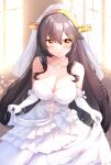  1girl black_hair blush breasts cleavage closed_mouth collarbone dress elbow_gloves fuuna gloves hair_between_eyes hairband haruna_(kancolle) headgear highres kantai_collection large_breasts long_hair looking_at_viewer smile solo upper_body wedding_dress white_gloves yellow_eyes 