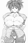  1girl absurdres areola_slip breasts breasts_out bursting_breasts fujibayashi_sheena gigantic_breasts greyscale happy highres hokuto_(artist) hokuto_(tokuho) huge_breasts huge_nipples large_areolae large_breasts looking_at_viewer monochrome nipple_slip nipples sheena_fujibayashi solo tales_of_(series) tales_of_symphonia 