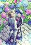  2boys black_footwear blue_eyes blue_flower blue_hair brown_hair cardfight!!_vanguard collared_shirt commentary_request fangs flower from_above full_body holding_hands husband_and_husband hydrangea jacket kai_toshiki long_sleeves looking_afar male_focus multiple_boys necktie otoko_no_ko outdoors pants pink_flower plant purple_flower red_jacket red_necktie sendou_aichi shirt shoes short_hair side_ponytail suit torikawa_(tori1002) white_shirt yaoi 