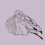  1girl artist_name barefoot butterfly_wings curly_hair dress english_commentary full_body greyscale highres hugging_own_legs imovyn lineart long_hair lucia_chavet monochrome procreate_(medium) sad simple_background sketch solo suitor_armor thick_eyebrows very_long_hair wings 