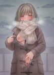  1girl blush breasts coat exhibitionism flashing grey_coat grey_eyes grey_hair grey_sky highres looking_at_viewer looking_down marrontorisu naked_coat nipples one_breast_out original outdoors overcoat partially_unbuttoned public_indecency pussy railing scarf small_breasts solo sweat thigh_gap uncensored 