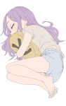  1girl absurdres barefoot blush brown_shirt closed_mouth commentary_request full_body grey_shorts highres long_hair lying object_hug on_side parted_bangs purple_hair shirt shogi_piece short_shorts short_sleeves shorts simple_background solo soredemo_ayumu_wa_yosetekuru white_background yamamoto_souichirou yaotome_urushi 