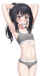  1girl absurdres armpits arms_behind_head arms_up bare_arms bare_shoulders black_hair blush bra breasts collarbone grey_bra grey_panties hair_tie hair_tie_in_mouth highres long_hair looking_at_viewer mouth_hold navel nedia_(nedia_region) original panties ponytail purple_eyes sidelocks simple_background small_breasts solo tying_hair underwear underwear_only white_background 