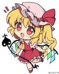  1girl blonde_hair blush chibi collared_shirt crystal flandre_scarlet frilled_shirt_collar frilled_skirt frilled_sleeves frills full_body hat highres holding laevatein_(touhou) long_hair mob_cap one_side_up open_mouth ramudia_(lamyun) red_eyes red_footwear red_skirt red_vest shirt shoes short_sleeves simple_background skirt smile socks solo touhou twitter_username vest white_background white_headwear white_socks wings 