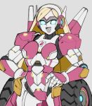  1girl barbie_(character) barbie_(franchise) blonde_hair blue_eyes breasts english_commentary grey_background hand_on_own_hip kyou_(ningiou) long_hair looking_at_viewer mechanization medium_breasts smile solo transformers very_long_hair wheel 