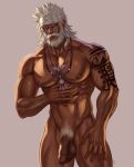 1boy abs absurdres arm_hair bara beard braid completely_nude dark-skinned_male dark_skin facial_hair facial_mark feet_out_of_frame final_fantasy final_fantasy_xiv flaccid foreskin headband highres hyur jewelry koji_henrik large_pectorals looking_at_viewer lyon_rem_helsos male_focus male_pubic_hair mature_male muscular muscular_male mustache navel necklace nipples nude old old_man pectorals pubic_hair scar scar_on_face scar_on_nose short_hair shoulder_tattoo side_braid single_braid solo standing stomach tattoo thick_thighs thighs tooth_necklace tribal white_headband 