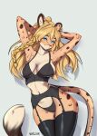  anthro blonde_hair bottomwear braided_hair cheetah clothing ear_piercing felid feline female hair hi_res high_tights lena_fluffy_(character) lingerie looking_at_viewer mammal piercing pinup pose simple_background smile solo topwear welive wide_hips 