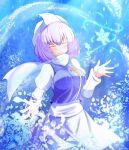  1girl apron blue_background blue_vest breasts closed_eyes closed_mouth commentary facing_viewer gyuta highres juliet_sleeves lapel_pin large_breasts letty_whiterock light_purple_hair long_sleeves puffy_sleeves scarf short_hair smile snowflakes solo touhou vest waist_apron white_apron white_headwear white_scarf 