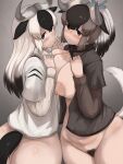  2girls animal_ears ass asymmetrical_docking between_breasts black_eyes black_hair black_wildebeest_(kemono_friends) blue_wildebeest_(kemono_friends) blush bottomless breast_press breasts brown_eyes brown_hair closed_mouth cowboy_shot extra_ears female_pubic_hair groin hand_on_own_chest hands_up high_ponytail highres holding_hands horizontal_pupils horns huge_breasts interlocked_fingers kemono_friends layered_sleeves light_smile long_hair long_sleeves looking_at_viewer multicolored_hair multiple_girls nipples no_bra open_clothes open_shirt parted_bangs pubic_hair scarf shibori_kasu shirt short_over_long_sleeves short_sleeves tail twisted_torso white_hair 