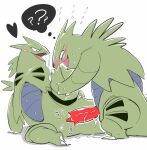  anthro biped blush bodily_fluids duo erection female generation_2_pokemon genitals green_body grey_body gyu_hydrogen male nintendo open_mouth penis pokemon pokemon_(species) question_mark sweat thought_bubble tyranitar 