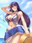  abs absurdres altina_(fire_emblem) altina_(summer)_(fire_emblem) bare_shoulders blue_eyes blue_sky breasts casual_one-piece_swimsuit cleavage collarbone dated fire_emblem fire_emblem:_radiant_dawn fire_emblem_heroes grey_one-piece_swimsuit grin hand_up hat highres holding holding_clothes holding_hat large_breasts long_hair looking_at_viewer navel official_alternate_costume one-piece_swimsuit purple_hair signature sky smile standing swimsuit tempurachronos very_long_hair 