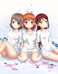  aoiao blue_eyes brown_hair commentary_request highres long_hair looking_at_viewer love_live! love_live!_sunshine!! multiple_girls orange_hair red_eyes red_hair sakurauchi_riko shirt short_hair takami_chika thighs watanabe_you white_shirt yellow_eyes 