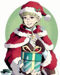  1boy box christmas christmas_present fingerless_gloves fire_emblem fire_emblem:_three_houses fire_emblem_heroes gift gift_box glasses gloves hat highres holding holding_gift ignatz_victor ignatz_victor_(winter) male_focus mistletoe_hair_ornament official_alternate_costume platinum_ami santa_hat solo 