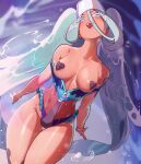 1girl blue_eyes blue_hair breasts colored_eyelashes crossover english_commentary eyelashes frills hair_between_eyes hat highres long_hair medium_breasts nyantcha one-piece_swimsuit open_mouth pasties pokemon project_voltage swimsuit twintails very_long_hair visor_cap vocaloid water_miku_(project_voltage) wet wet_clothes wet_swimsuit 