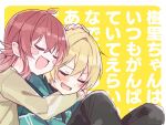  2girls ahoge blonde_hair blush blush_stickers closed_eyes commentary hair_between_eyes headpat hug hug_from_behind idolmaster idolmaster_shiny_colors komiya_kaho long_hair miyama_okara multiple_girls open_mouth red_hair saijo_juri short_hair translation_request upper_body yellow_background 