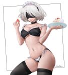  1girl 2b_(nier:automata) absurdres bikini black_bikini black_blindfold black_choker black_thighhighs blindfold breasts cake cake_slice choker cleavage covered_eyes dismaiden food frilled_bikini frills fruit grey_hair highres maid maid_bikini maid_headdress medium_breasts mole mole_under_mouth navel nier:automata nier_(series) short_hair solo strawberry strawberry_shortcake swimsuit thighhighs unconventional_maid underboob 