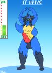  after_transformation anthro bangs d-6alaxy flexing food fruit generation_4_pokemon genitals hair hi_res knot legacy_(linkthehero5555) lucario male mature_male muscular nintendo nut_(fruit) pecs penis plant pokemon pokemon_(species) ponytail smile smirk solo tail transformation 