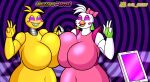  accessory al_gx animatronic anthro avian beak beakless big_breasts bird blush blush_stickers bodypaint bottomwear breast_squish breast_to_breast breasts breasts_frottage chicken clothed clothing curvy_figure duo english_text female female/female five_nights_at_freddy&#039;s five_nights_at_freddy&#039;s:_security_breach five_nights_at_freddy&#039;s_2 galliform gallus_(genus) glamrock_chica_(fnaf) hacker hacking hand_holding hi_res huge_breasts hypnosis machine mind_control non-mammal_breasts open_mouth phasianid phone pink_clothing reprogramming robot scottgames seduced spiral spiral_eyes squish standing stated_homosexuality stated_sexuality steel_wool_studios text toy_chica_(fnaf) white_body yellow_body yellow_skin 