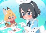  2girls :3 alice_(alice_in_wonderland) alice_(alice_in_wonderland)_(cosplay) alice_in_wonderland animal_ears apron black_bow black_bowtie black_hair blonde_hair blue_dress blue_eyes blush boots bow bowtie brown_footwear brown_jacket card cat_ears cat_girl cat_tail clock collared_dress cosplay dress embarrassed extra_ears fang frilled_apron frills gloves hair_between_eyes hair_bow highres jacket kaban_(kemono_friends) kemono_friends long_sleeves lucky_beast_(kemono_friends) mad_hatter_(alice_in_wonderland) mad_hatter_(alice_in_wonderland)_(cosplay) multiple_girls open_clothes open_jacket open_mouth pants playing_card pleated_dress ransusan red_bow red_bowtie serval_(kemono_friends) short_hair short_sleeves sidelocks smile sweatdrop tail vest white_apron white_bow white_gloves white_pants white_vest yellow_eyes 